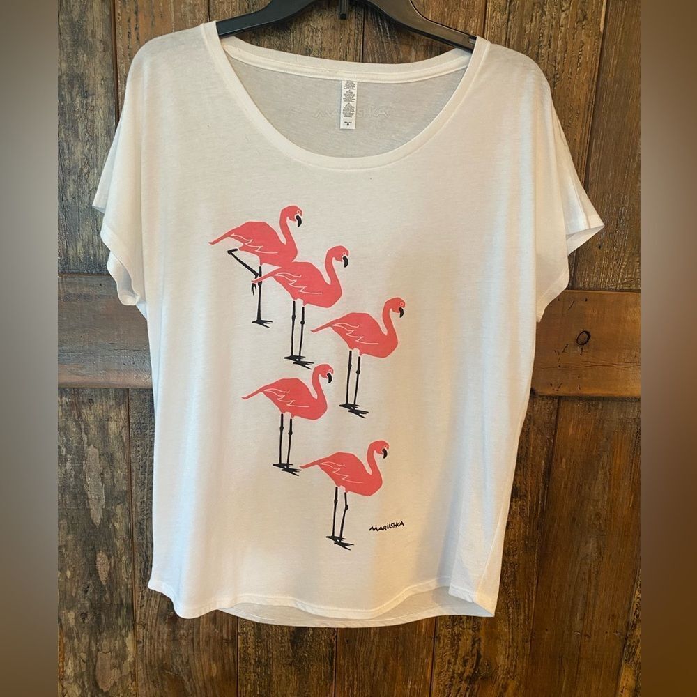 Marushka Sz M White Pink Flamingo Shirt Sleeve Everyday Fun T-Shirt